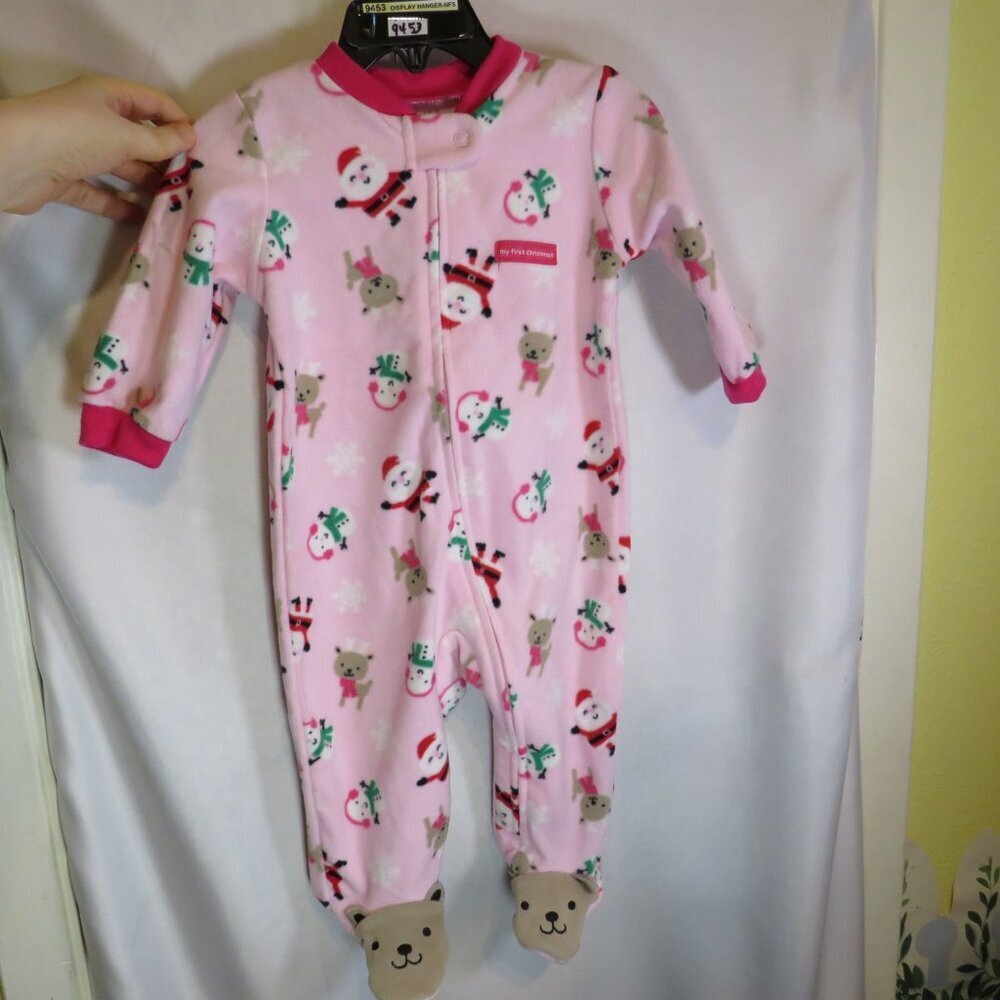 Baby pink Christmas footed zippered bodysuit long sleeve 100% polyester Santa